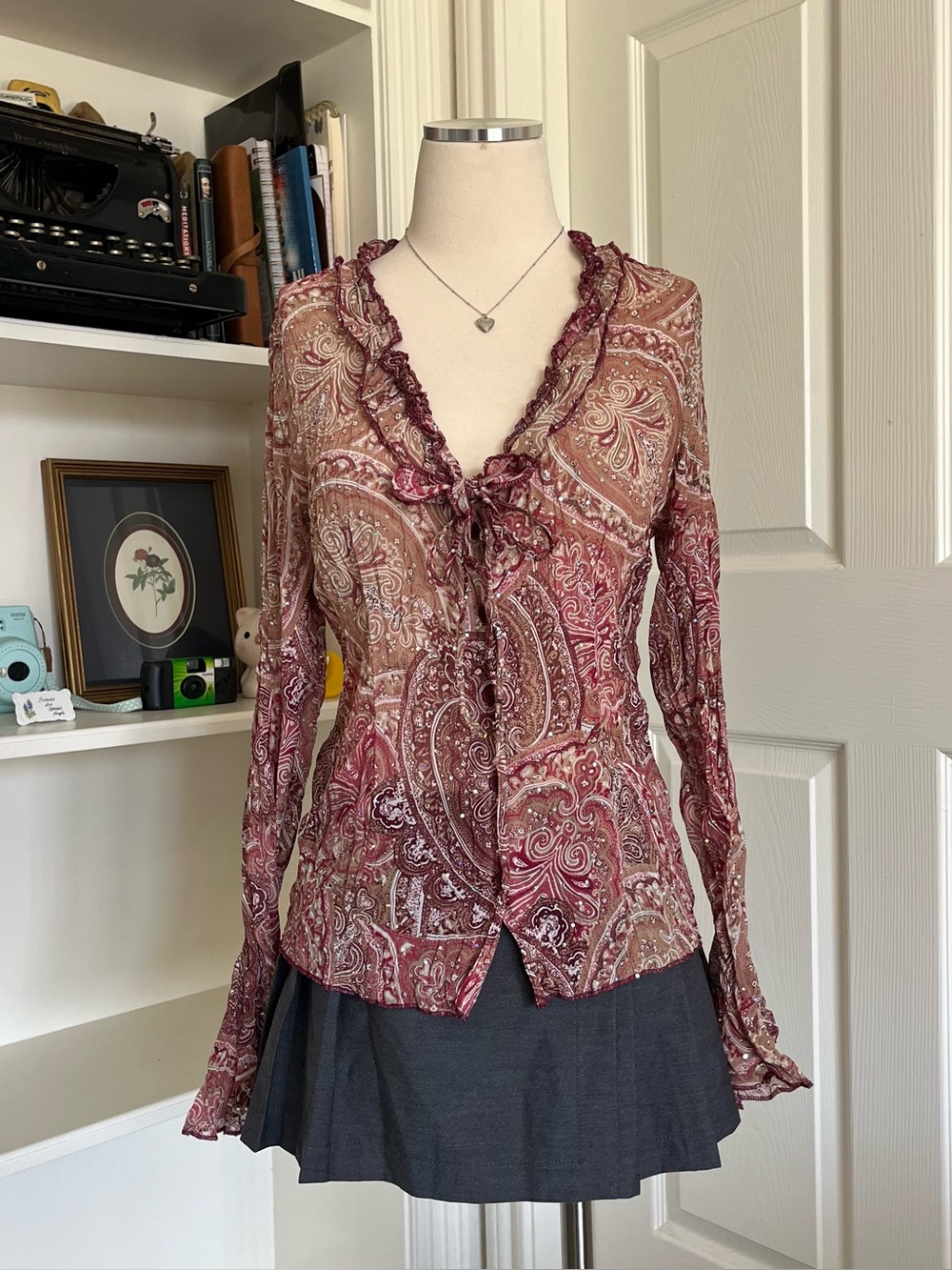 No Boundaries Burgundy Paisley Ruffle-Trim Sheer Blouse